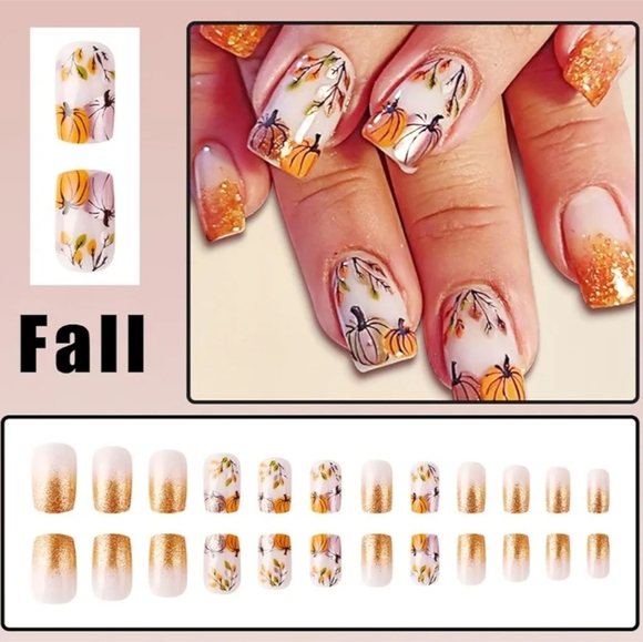 24 Pcs Press On Nails Thanksgiving Autumn Leaves Pumpkins Glitter Medium Square - Picture 3 of 7